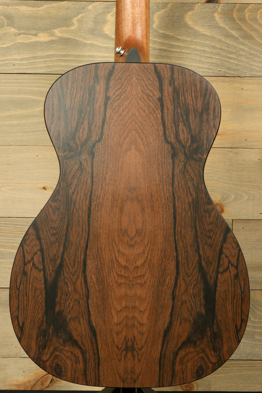 Back view of Martin 0-X2E COCO acoustic-electric guitar, highlighting the cocobolo pattern high-pressure laminate (HPL) back.
