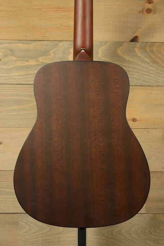 Yamaha acoustic guitar acoustic guitar with a dark wood finish, back view