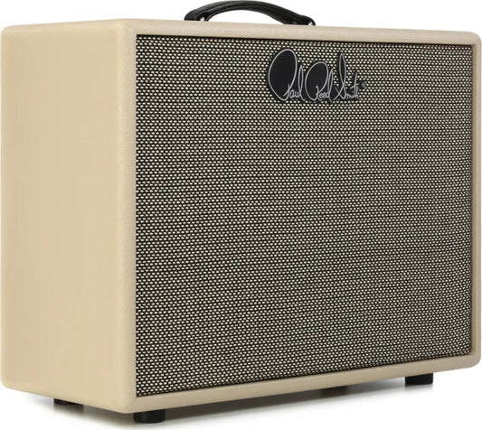 Close-up view of the PRS David Grissom Signature 112 Extension Cabinet - Blonde Tolex, highlighting the Celestion Vintage 30 speaker and detailed craftsmanship of the cabinet.