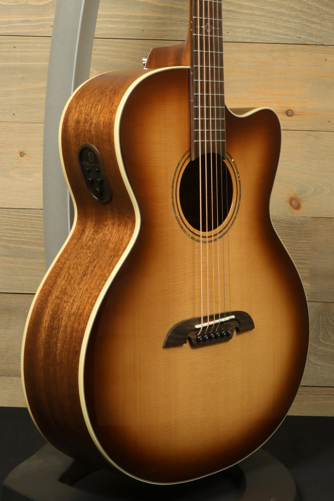 Alvarez Baritone Acoustic Electric Guitar in sunburst finish, side view showcasing elegant curves