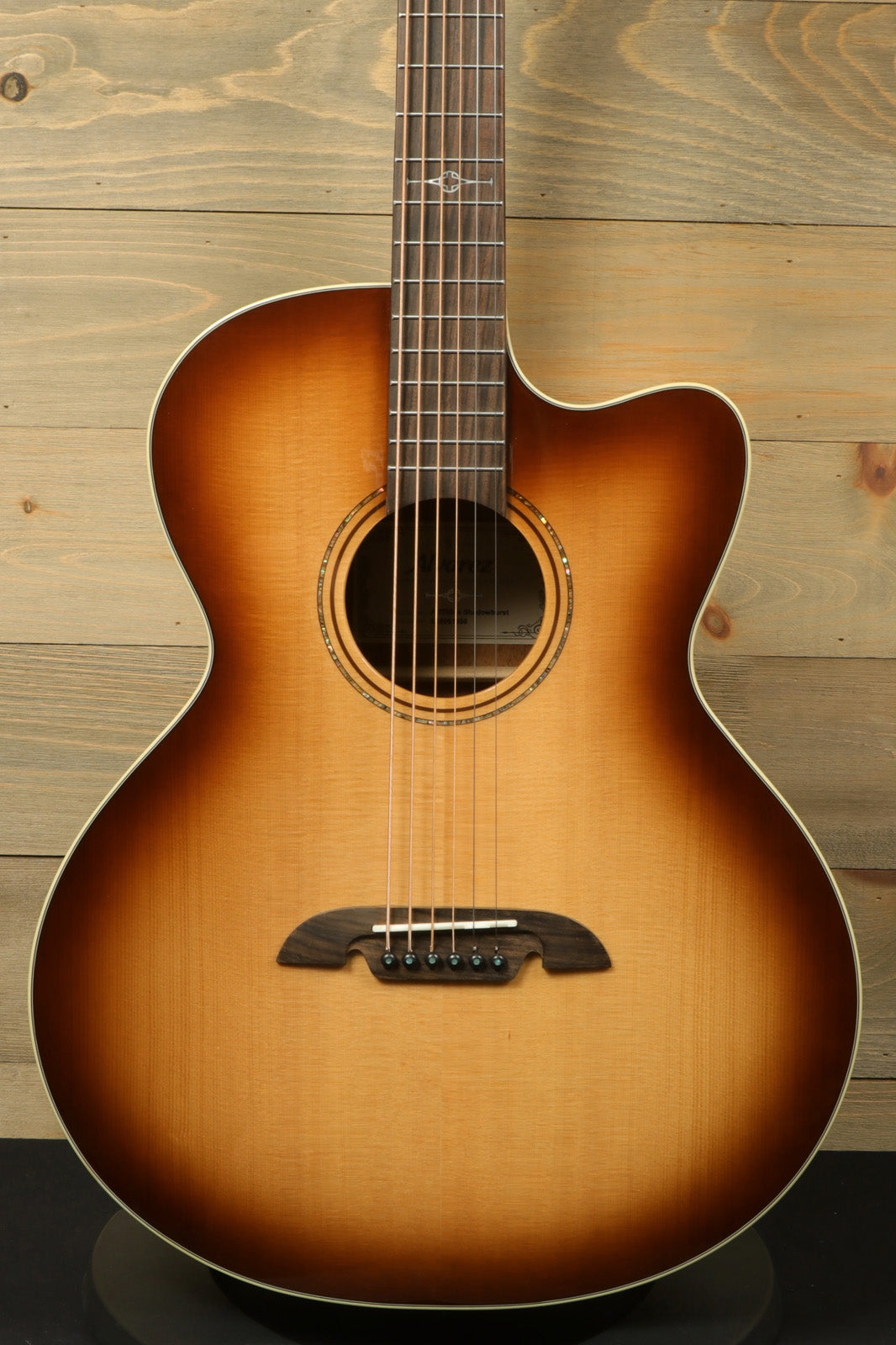 Alvarez Baritone Acoustic Electric Guitar in sunburst finish, front view with a smooth body design