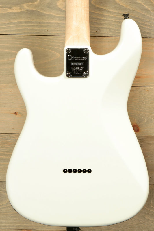 Back view of Charvel Pro-Mod So-Cal electric guitar in white finish with sleek design and tonal control knobs