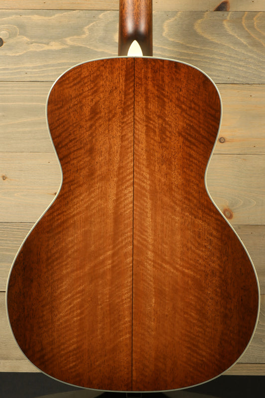 Back view of Eastman E10OOSS-TC acoustic guitar showcasing its beautiful mahogany grain pattern