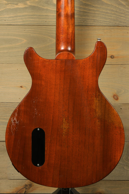 Eastman SB55DC/v electric guitar in mahogany finish, back view showcasing smooth contours