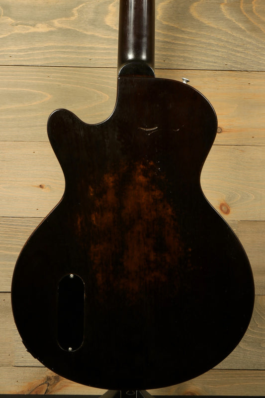 Eastman SB55/v-SB electric guitar, dark brown finish, back view showcasing wood grain details