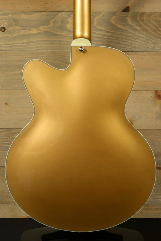 Eastman T58-GD hollow body electric guitar in gold finish, back view with Eastman Gig Bag - DEMO
