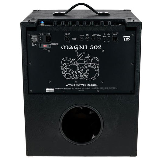 EBS Magni 502 2x10 Bass Combo amplifier with control panel and back view for bass guitar enthusiasts