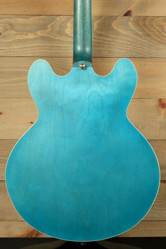 Epiphone Casino Worn turquoise hollow body electric guitar, back view with a smooth finish