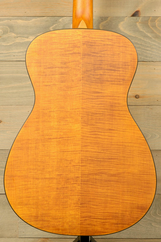 Back view of a used Epiphone Dobro Hound Dog resonator guitar with figured maple back and natural finish