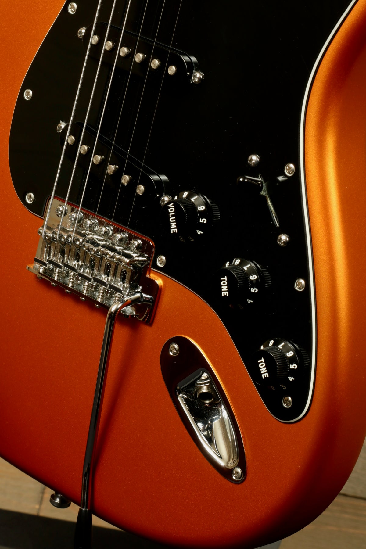 Fender Standard Stratocaster Satin Arizona Sun, close-up view highlighting controls and finish
