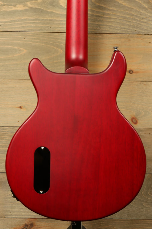 Harley Benton DC-Jr Faded Cherry, back view showcasing smooth red finish.