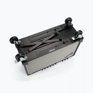 OnStage Heavy-Duty Rolling Caster Base for amplifiers, top view showcasing wheels and durable design