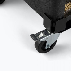 OnStage Heavy-Duty Rolling Caster Base in black, close-up view showing sturdy wheel and locking mechanism