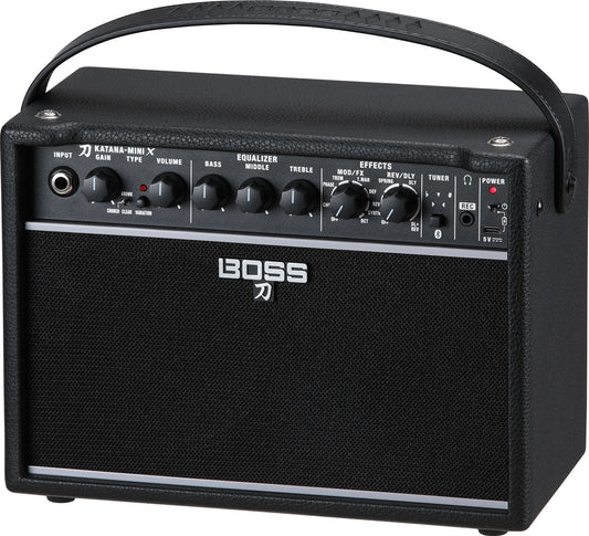 Side view of the Boss Katana Mini X guitar amplifier featuring its compact design, control panel, and handle for easy transportation.