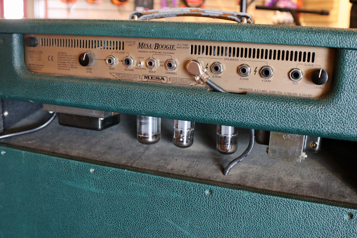 Back view of Mesa Engineering Stiletto Ace 1x12 Combo amplifier showcasing controls and tube layout