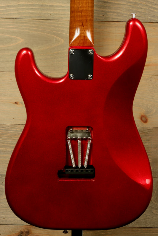 Mojo's Music Mojo Custom S Deluxe in glossy red finish, back view with tremolo system - DEMO