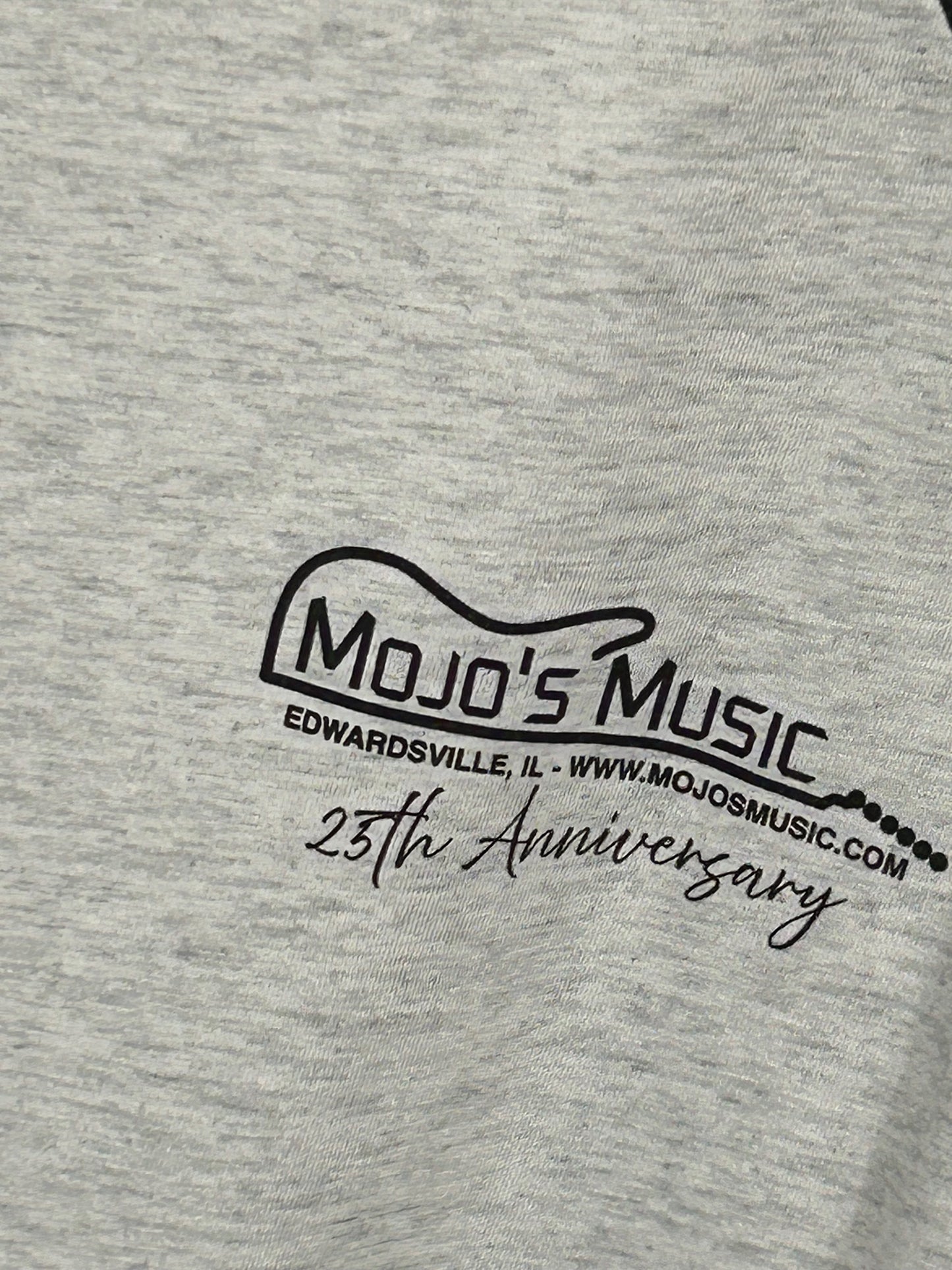 Mojo's 25th Anniversary baseball tee in gray with logo and commemorative design
