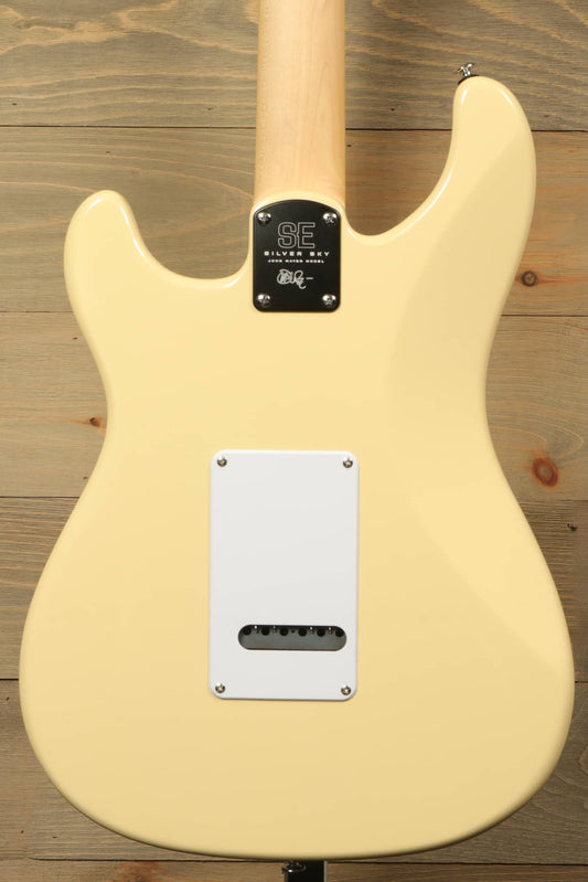 Back view of PRS SE Silver Sky - Moon White electric guitar showcasing sleek design and body features