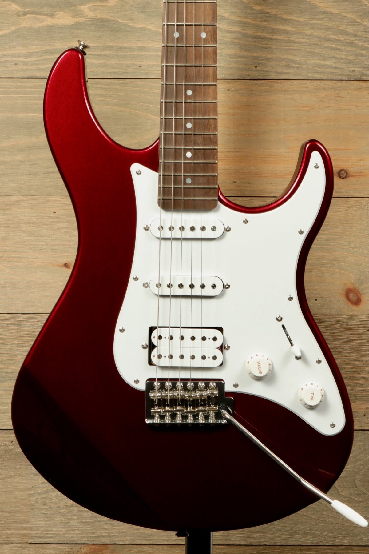 Yamaha PAC012 Pacifica Electric Guitar in metallic red finish, front view with three pickups and white pickguard