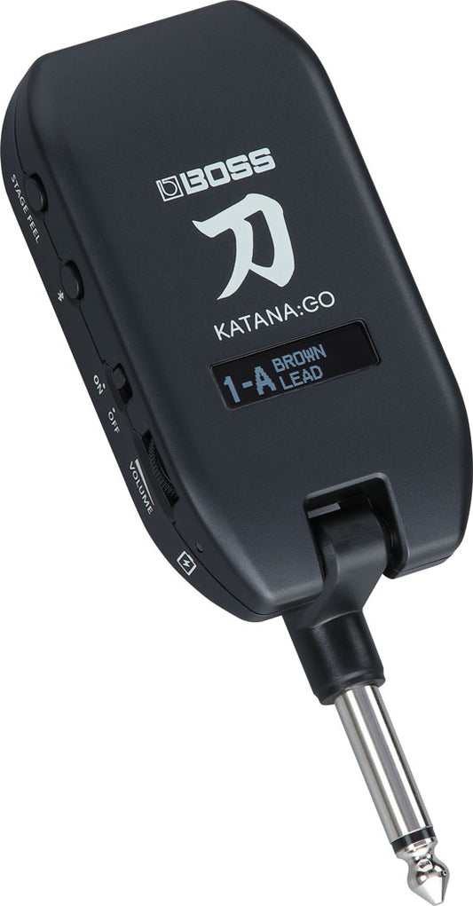 Boss Katana:GO 2 in use with a guitarist, highlighting its portability and premium sound quality.
