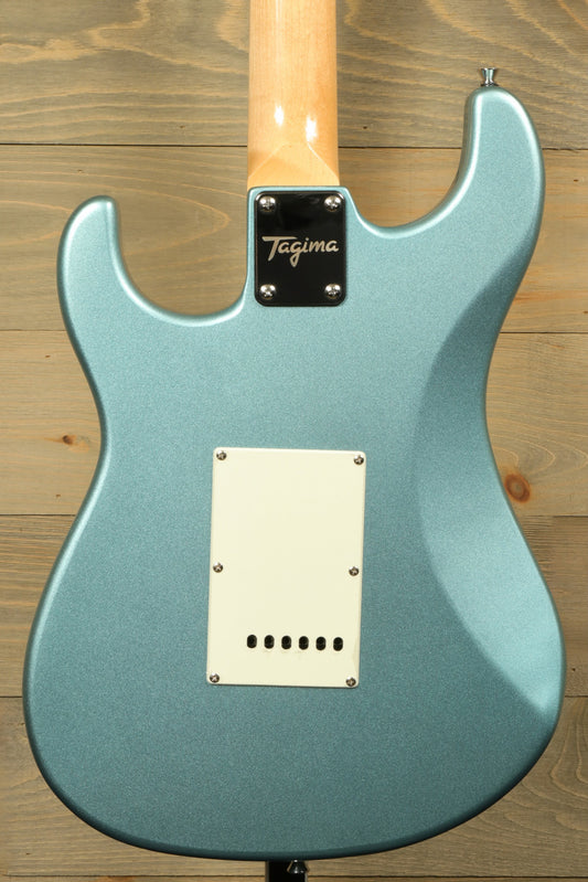 Back view of a Tagima TG 530 electric guitar in a stunning blue metallic finish