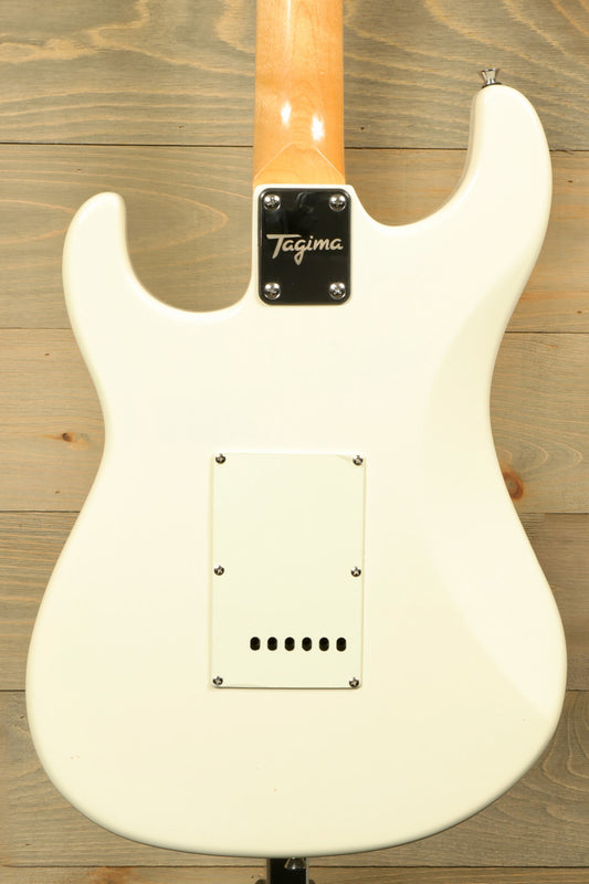 Back view of Tagima TG 540 electric guitar in white featuring sleek contours and elegant design