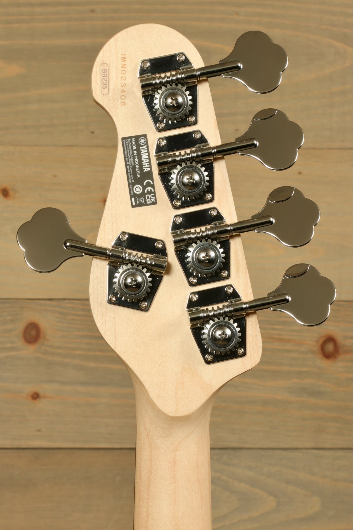 Yamaha BB235 5-String Electric Bass Guitar, natural finish, rear view of tuning pegs
