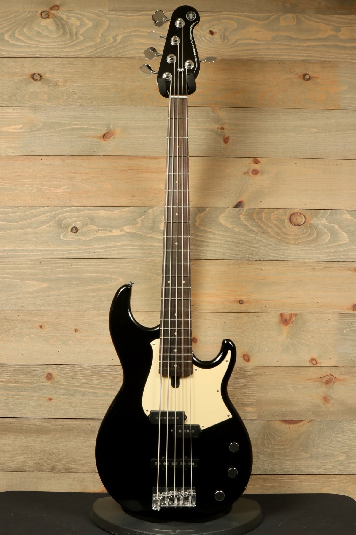 Yamaha BB435 5-String Electric Bass Guitar in sleek black, front view showcasing body and fretboard