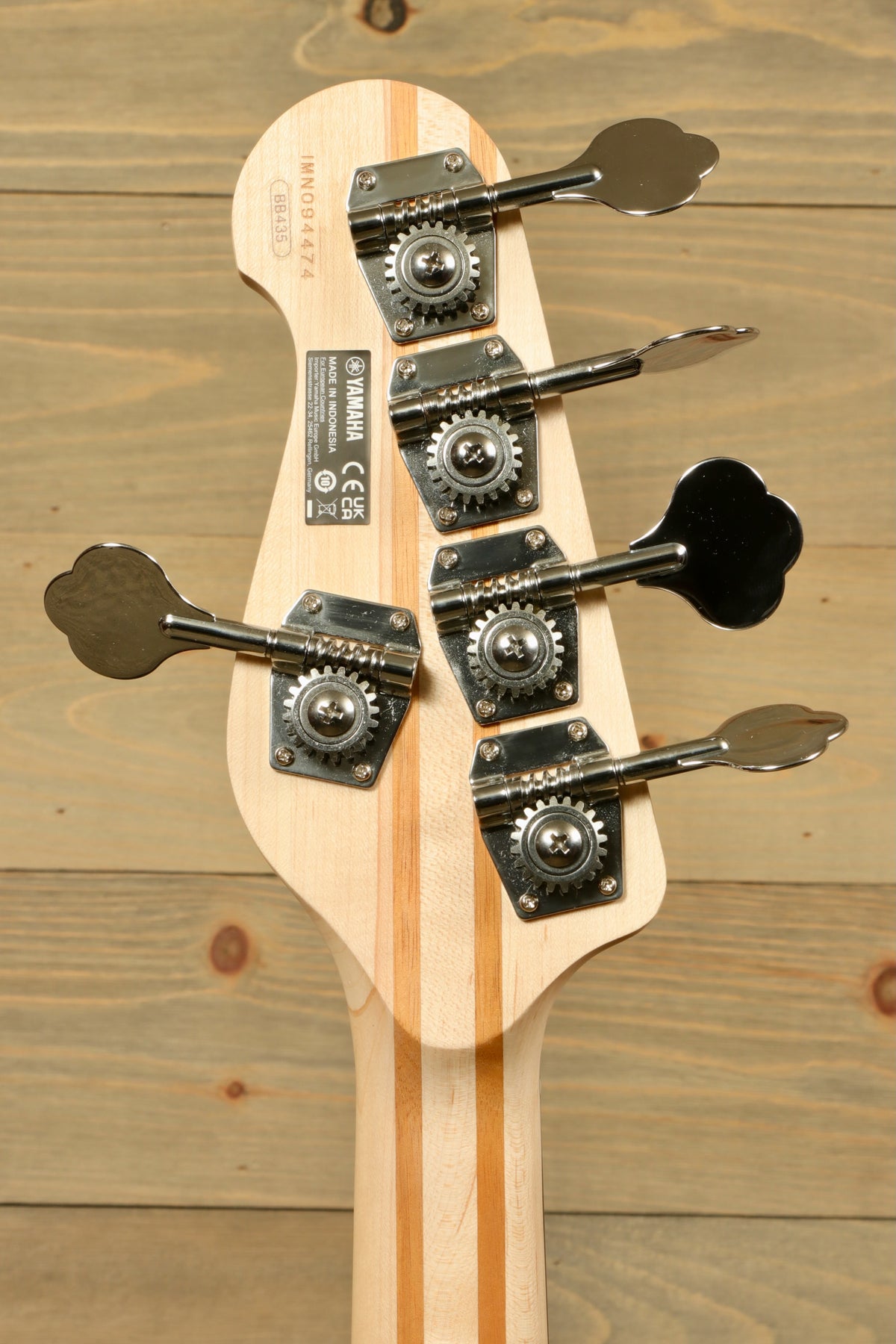 Yamaha BB435 5-String Electric Bass Guitar, back view showing tuning pegs and wood finish