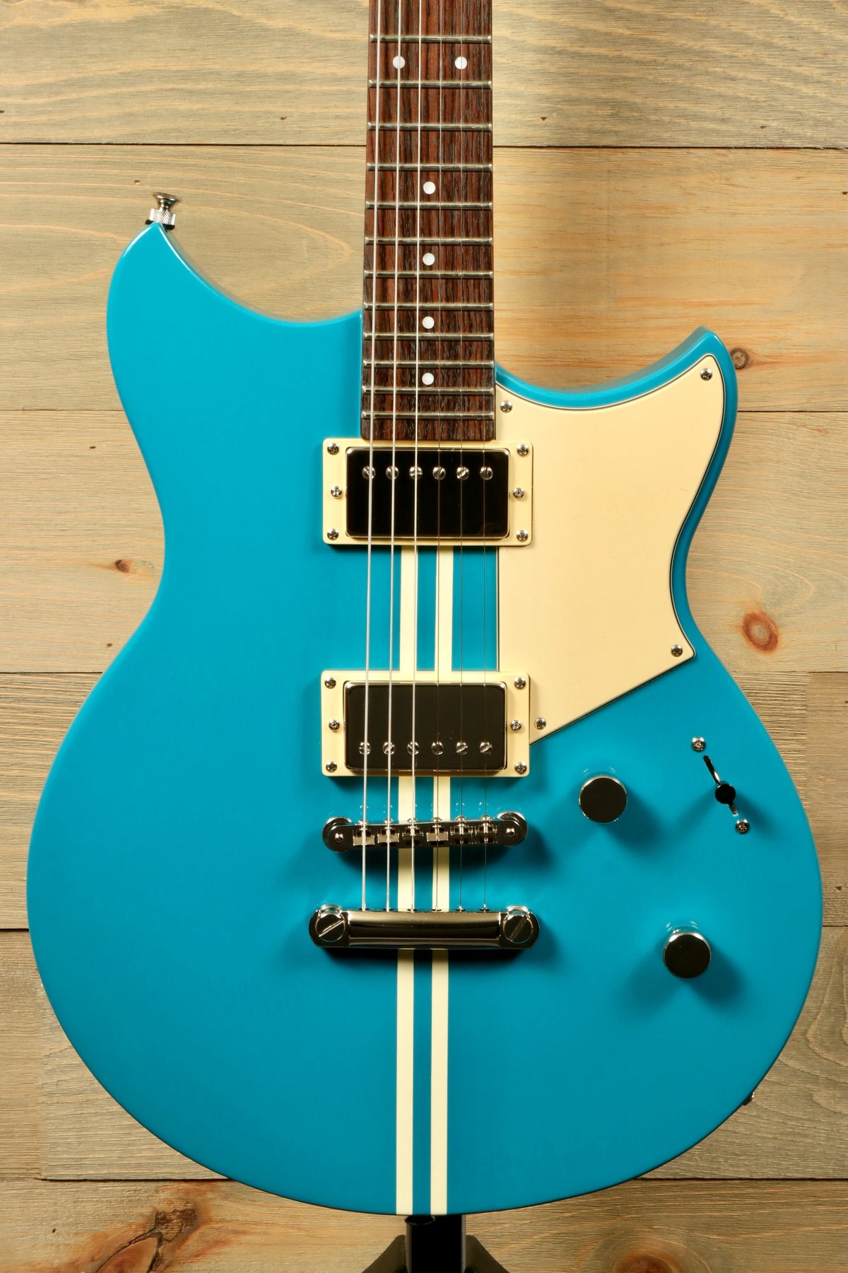 Yamaha Revstar Standard RSS20 Electric Guitar Swift Blue, front view with dual pickups and striped design