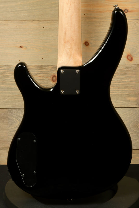 Yamaha TRBX174 black bass guitar, back view showcasing sleek finish and wood neck