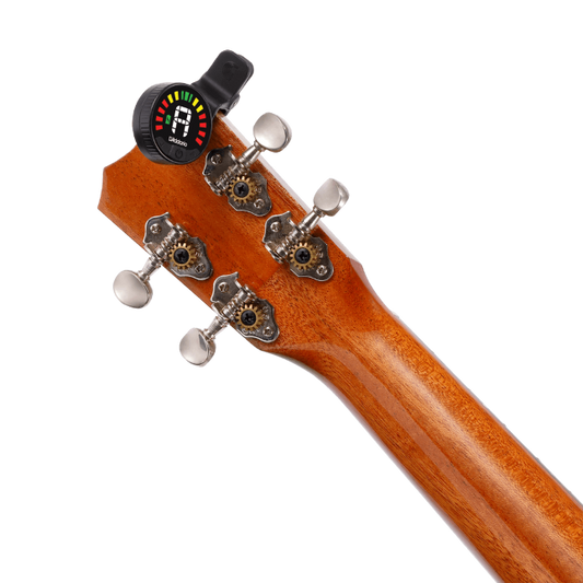 D'Addario Nexxus 360 rechargeable tuner attached to guitar headstock for accurate tuning