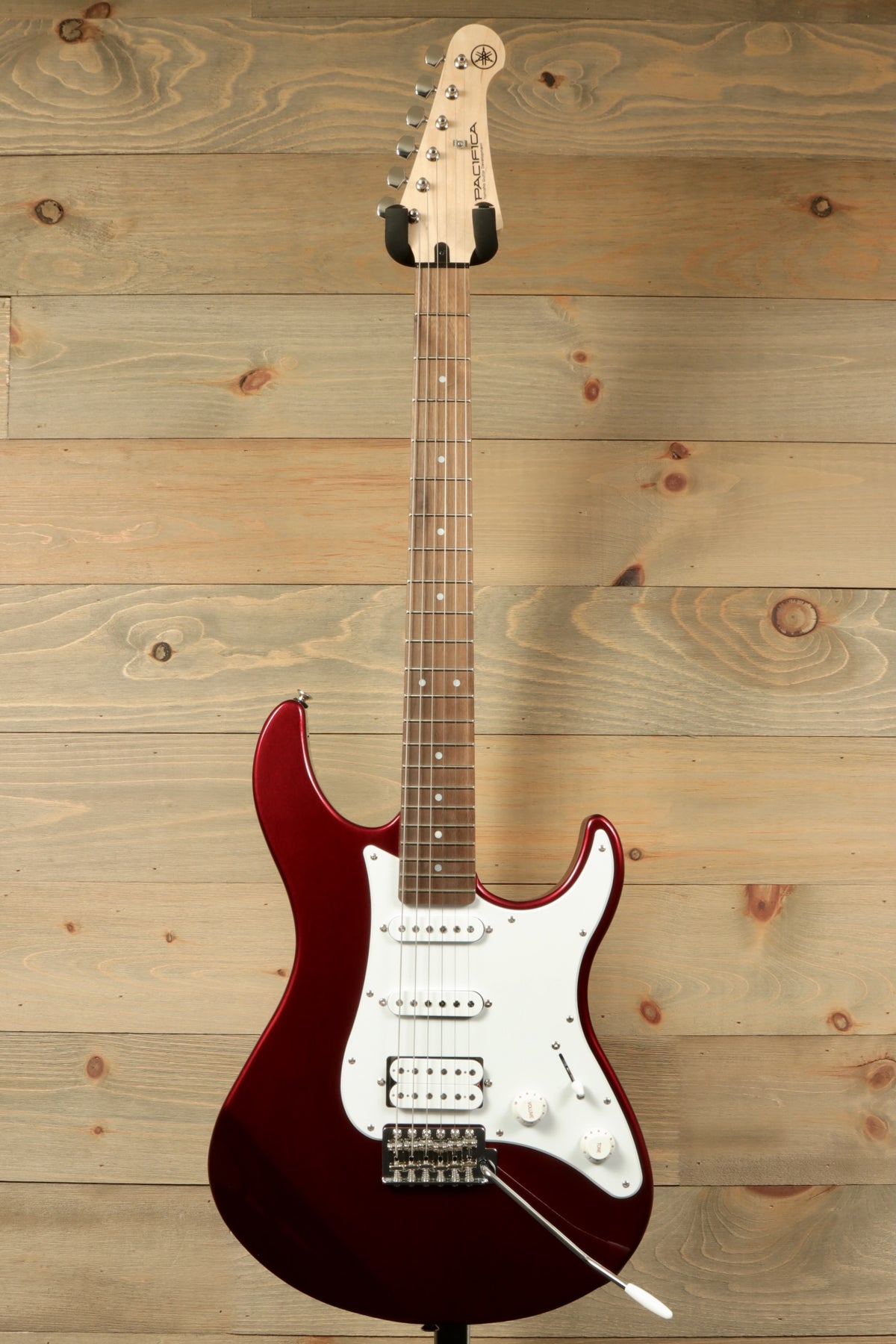 Yamaha PAC012 Pacifica Electric Guitar in wine red, front view with maple neck and white pickguard