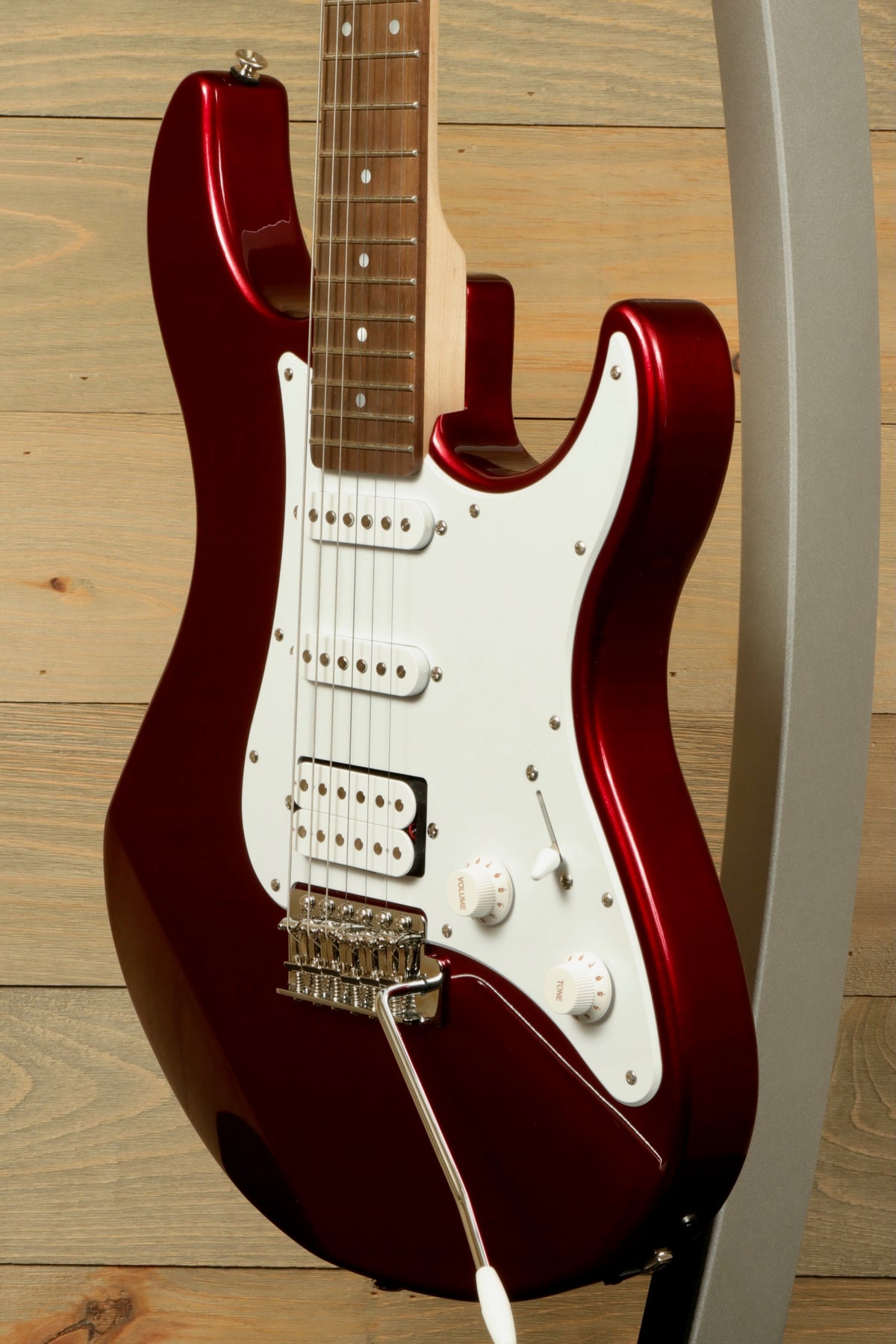 Yamaha PAC012 Pacifica Electric Guitar in shiny red, front view showcasing design features