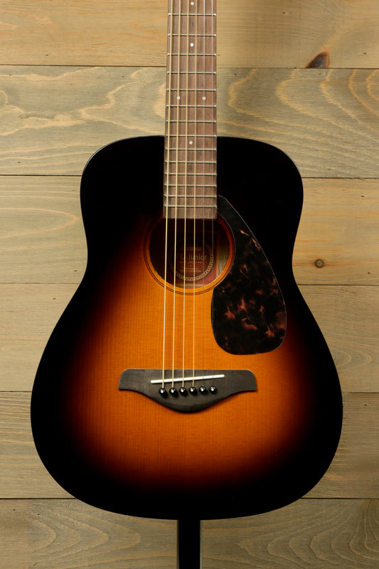 Yamaha acoustic guitar sunburst finish, front view showcasing body and strings