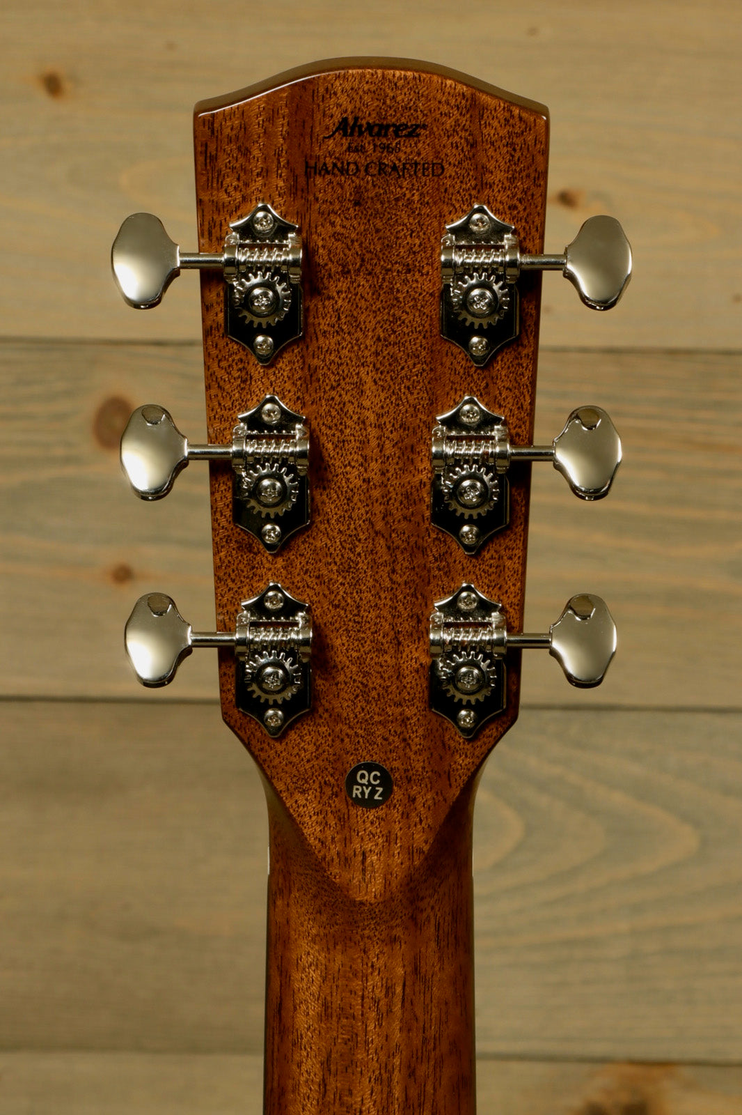 Alvarez LF70e Daybreak acoustic electric guitar headstock, vintage natural wood finish, rear view