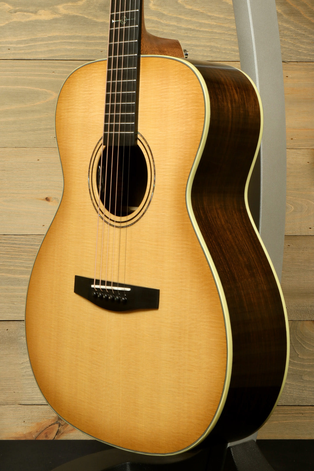 Alvarez LF70e Daybreak acoustic electric guitar, natural finish, front view showcasing the body and neck