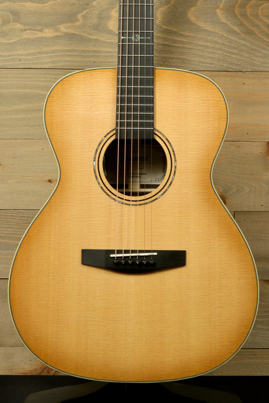 Alvarez LF70e Daybreak acoustic electric guitar, natural finish, front view with detailed grain