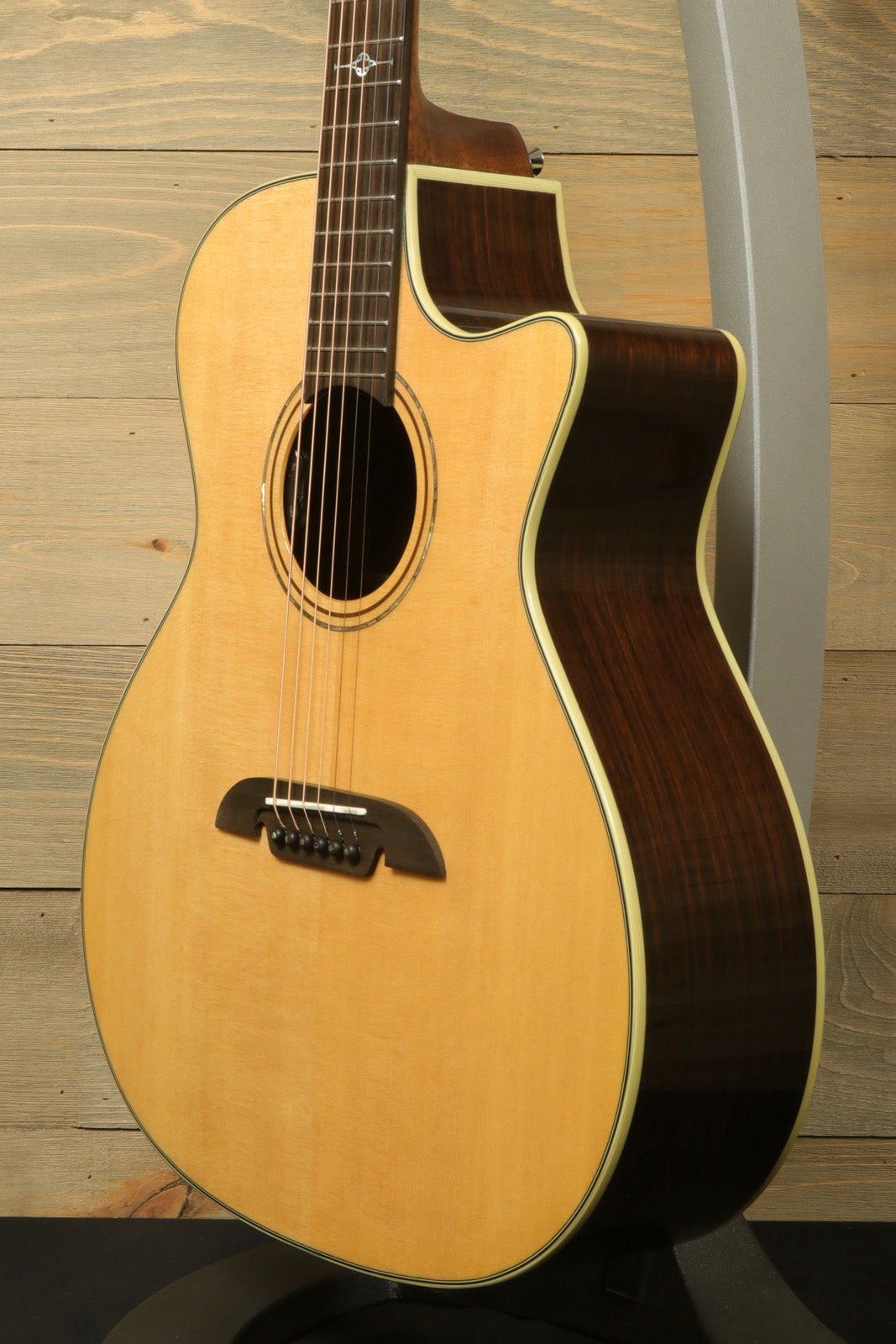 Alvarez Masterworks MG70CE Grand Auditorium Cutaway Acoustic-Electric guitar, natural finish, side view.  
