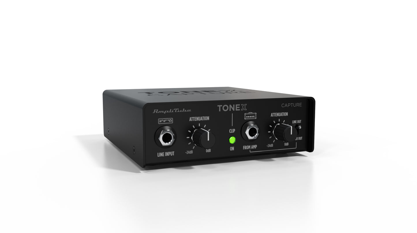 IK Multimedia Demo Model Tonex Capture in black with knobs and indicators, front view.