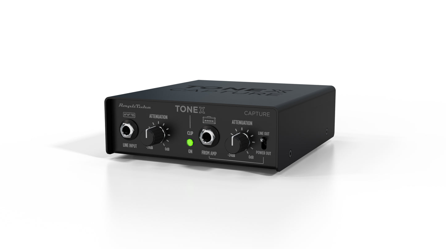 IK Multimedia Demo Model Tonex Capture in sleek black, front view showcasing dials and indicator light