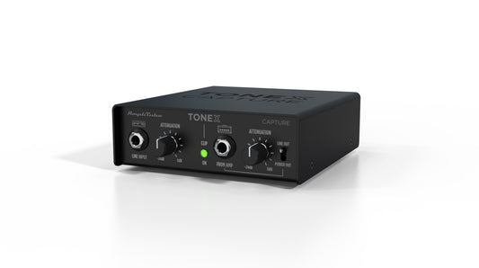 IK Multimedia Demo Model Tonex Capture in sleek black, front view showcasing dials and indicator light