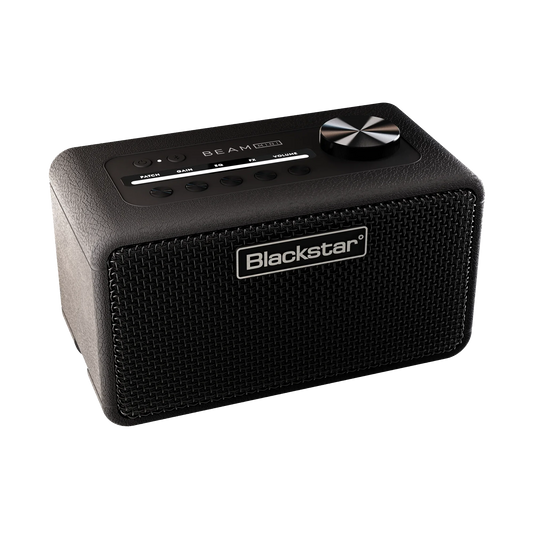 Blackstar Mini Smart Desktop Guitar Amplifier in black, front view with control panel and speaker grill