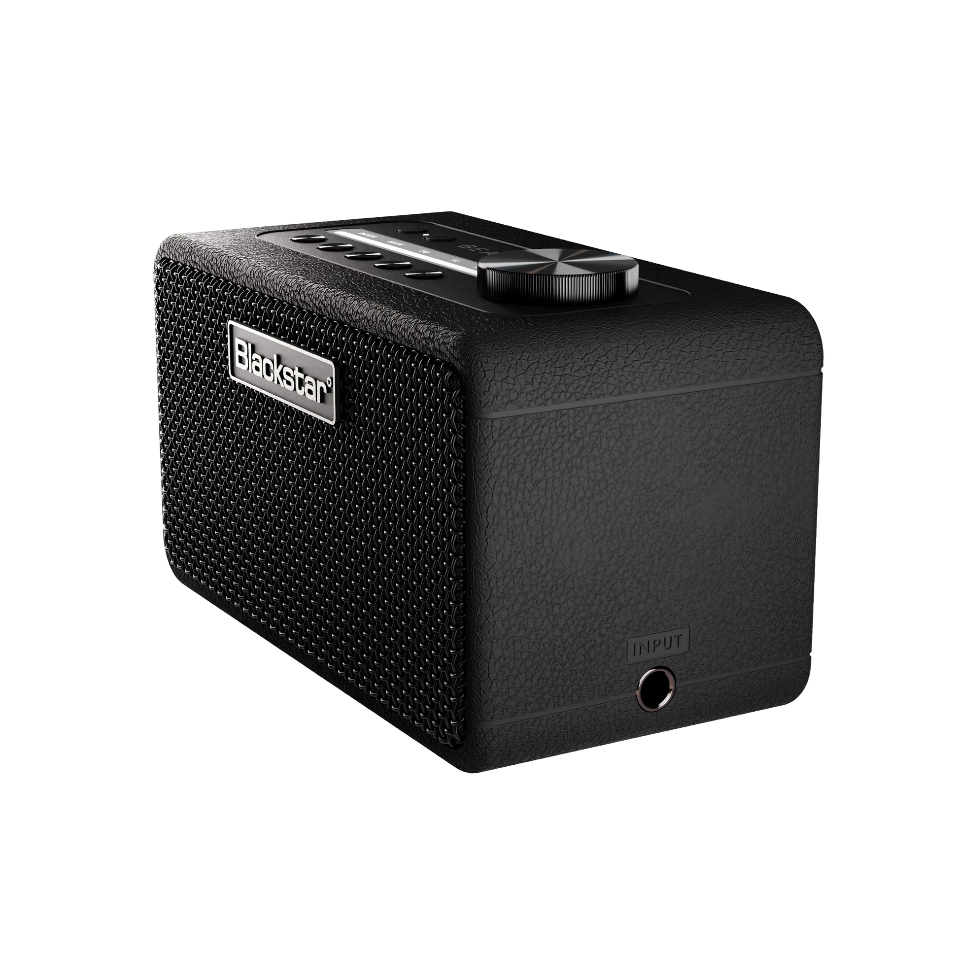 Blackstar Mini Smart Desktop Guitar Amplifier in black, side view with input jack