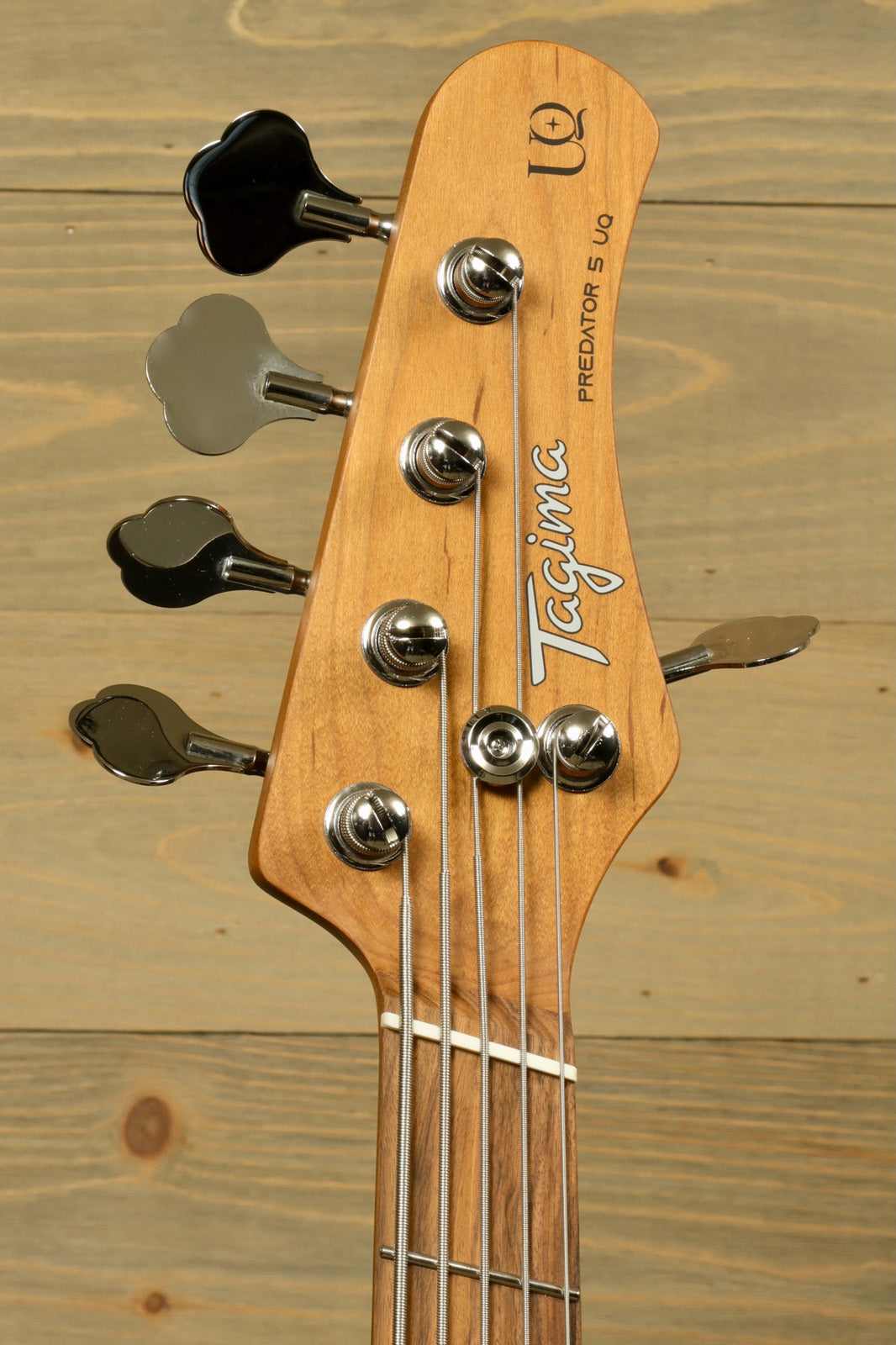 Tagima Predator 5 string bass guitar in natural wood finish, headstock front view