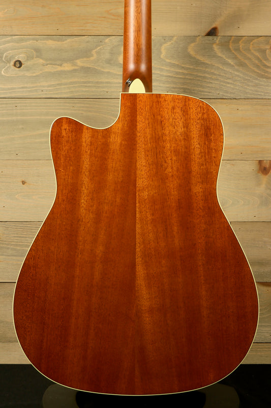 Yamaha acoustic electric guitar back view in natural wood finish