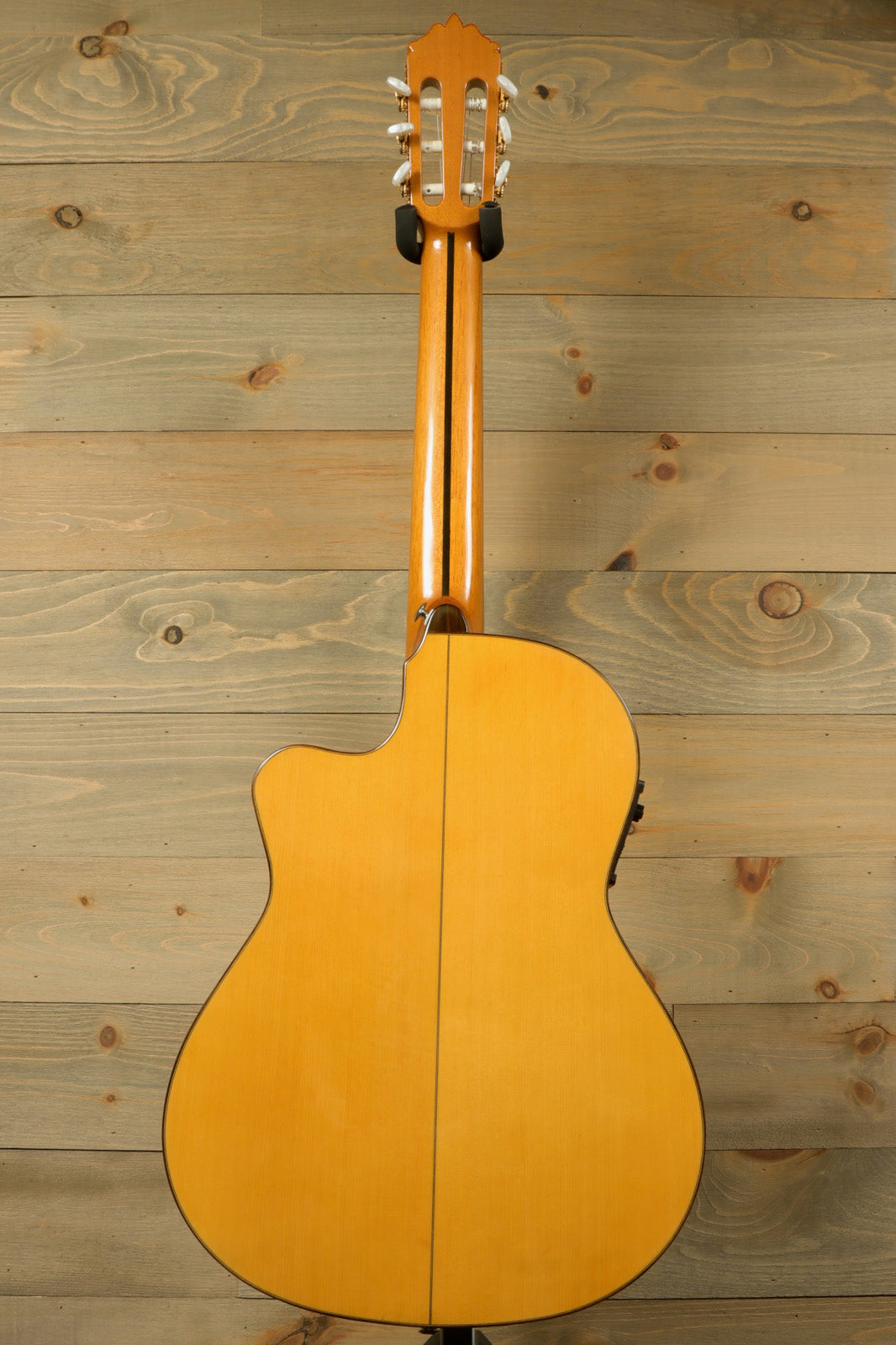 Cordoba España Gipsy Kings Studio Flamenco Acoustic-Electric guitar, natural finish, back view with hardshell case