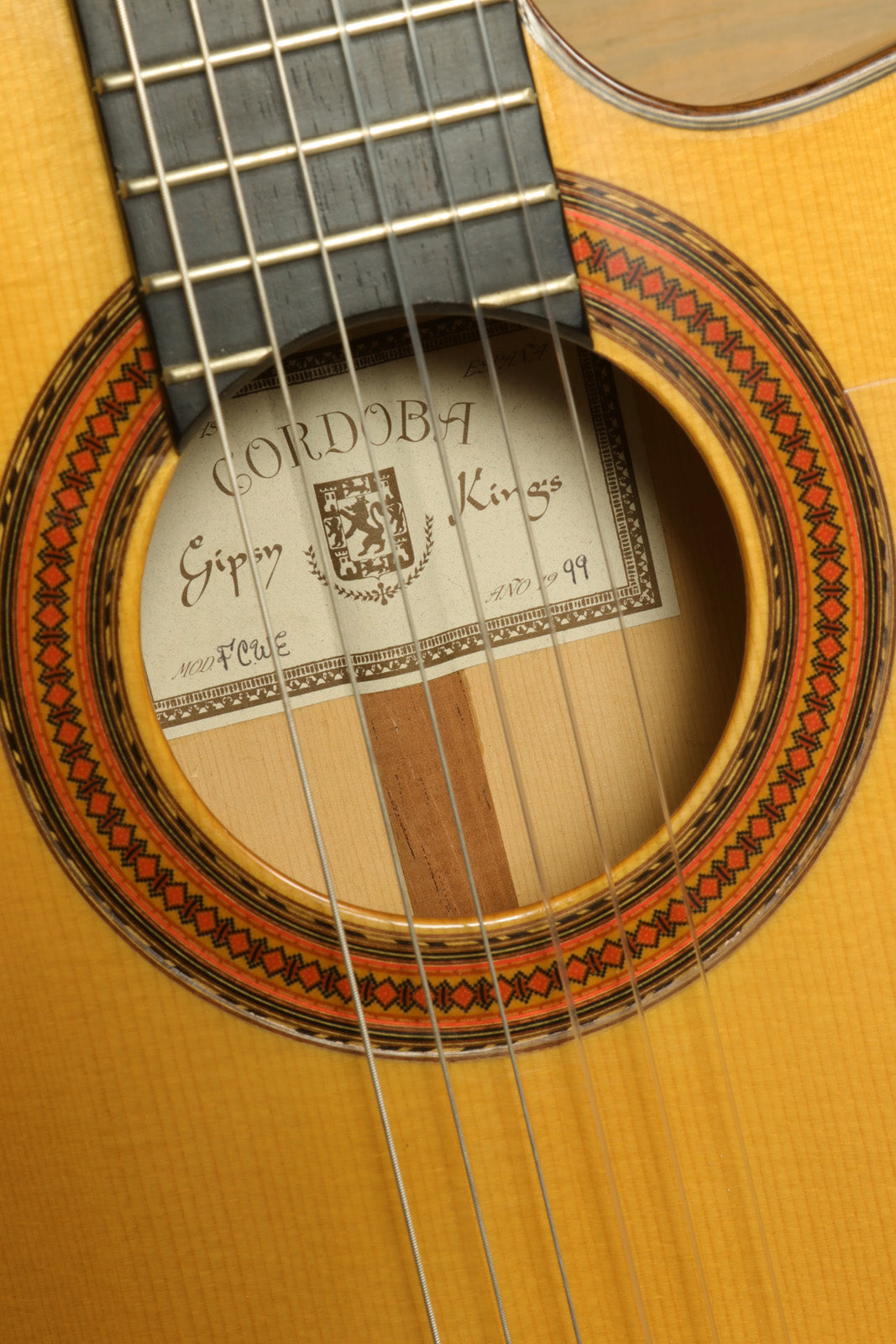 Córdoba España Gipsy Kings Studio Flamenco Acoustic-Electric – USED w/ Hardshell Case, front view with intricate rosette