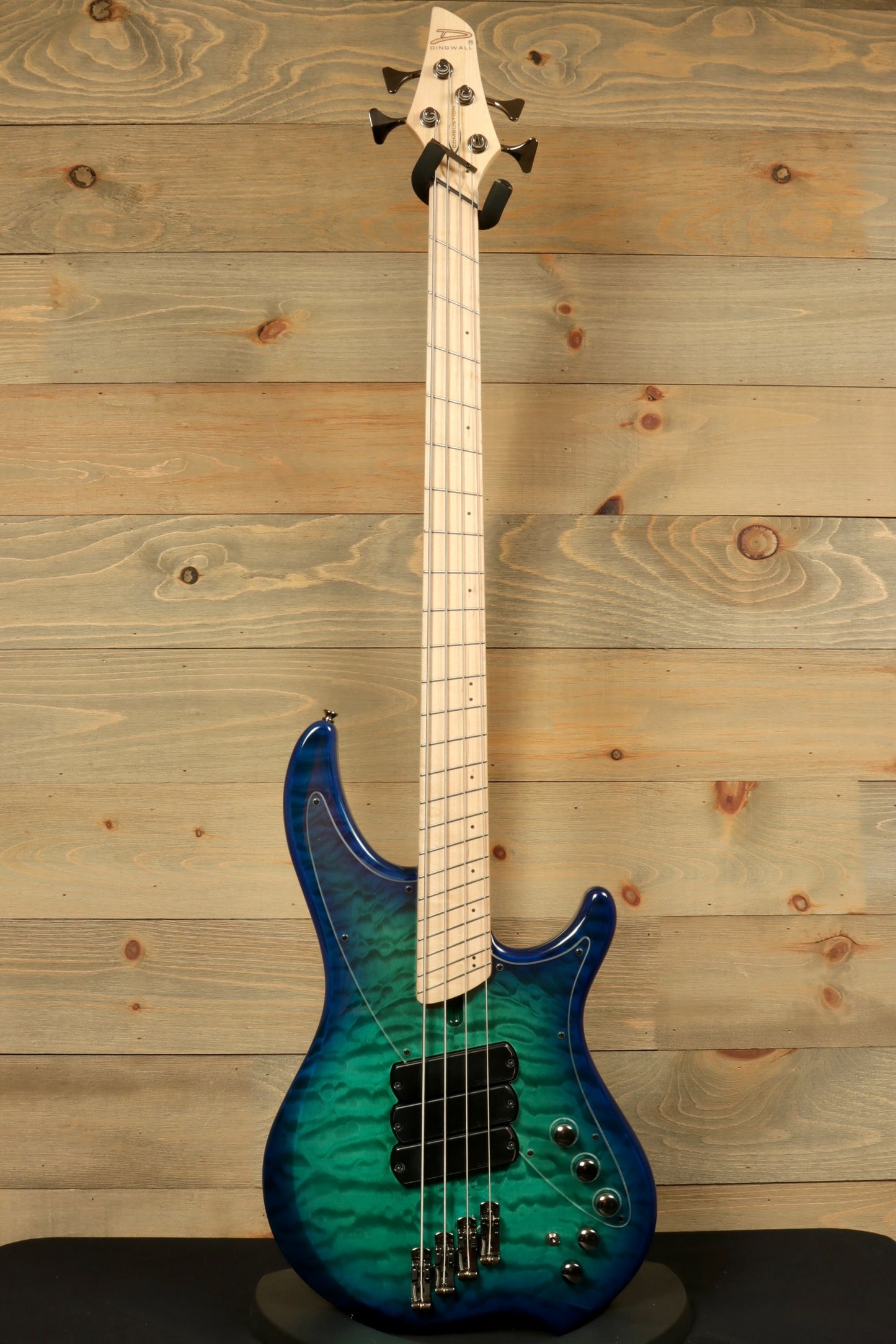Dingwall Combustion Nashville bass guitar in blueburst finish, front view with maple neck