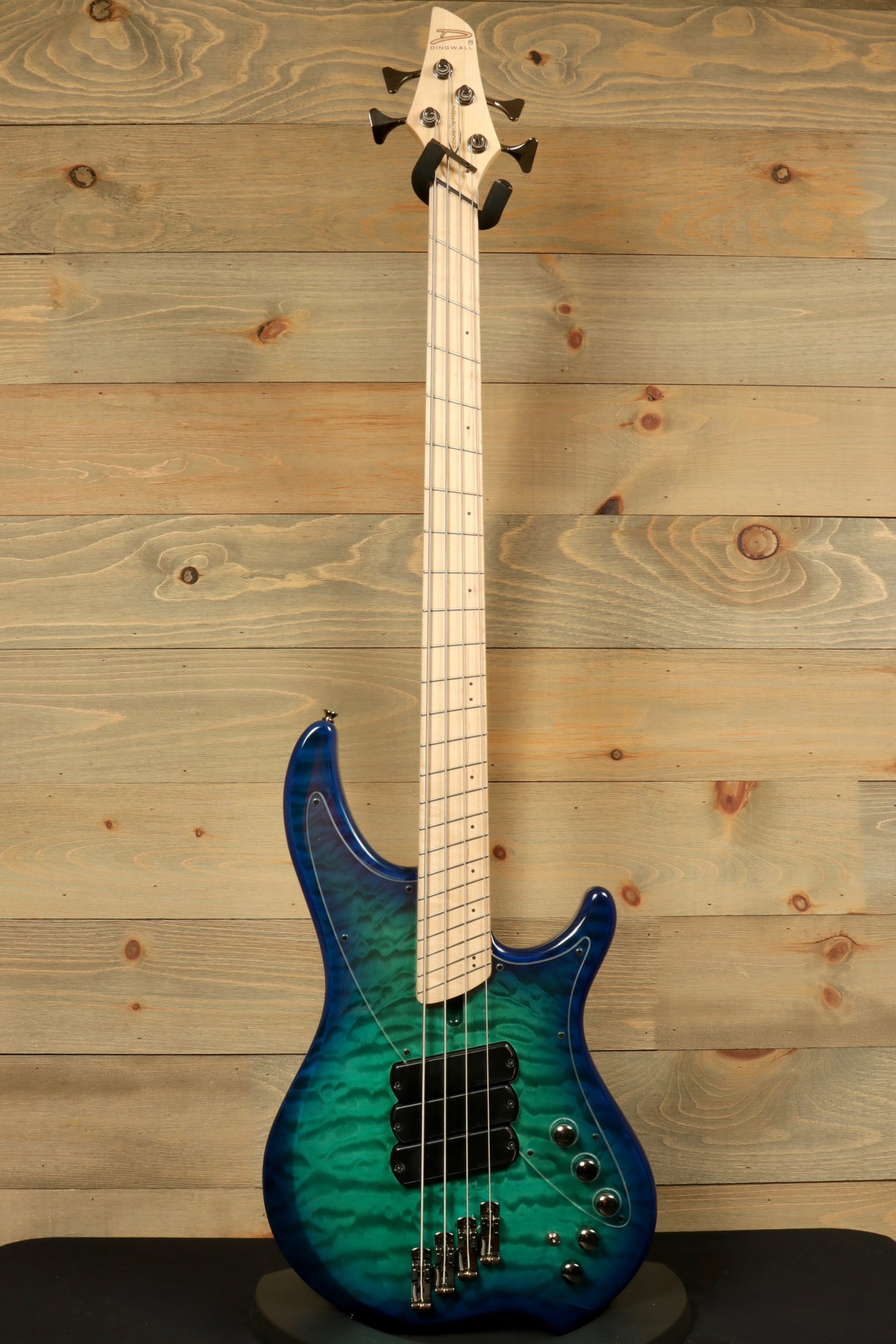 Dingwall Combustion Nashville bass guitar in blueburst finish, front view with maple neck